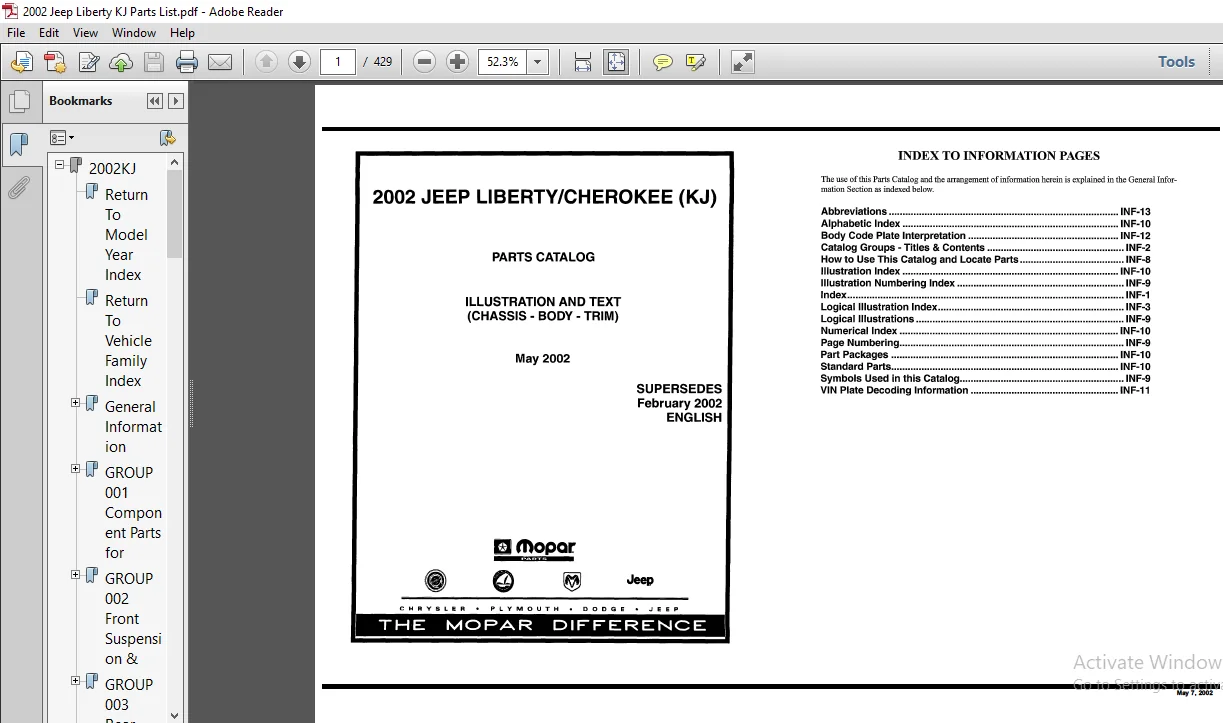 2002 Jeep Liberty KJ Parts List Manual 