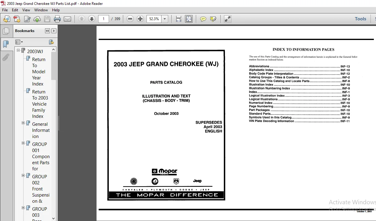 2003 Jeep Grand Cherokee WJ Parts List Manual 2003 Jeep Grand Cherokee WJ Parts List Manual