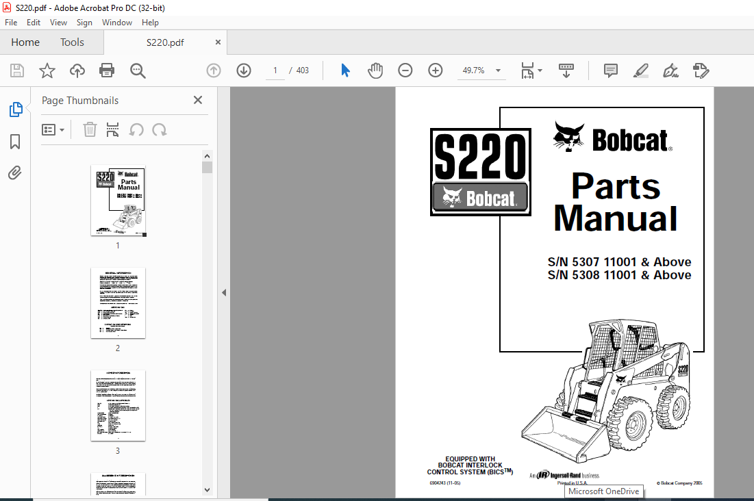 Bobcat S220 Skid Steer Loader Parts Manual - PDF DOWNLOAD