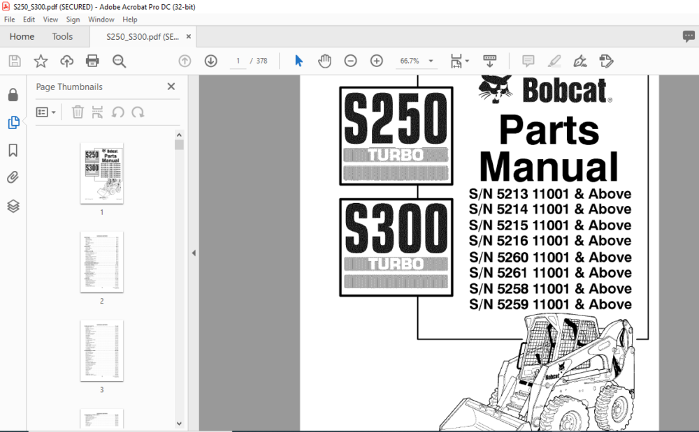 Bobcat S250 S300 TURBO Skid Steer Loader Parts Manual - PDF DOWNLOAD ...