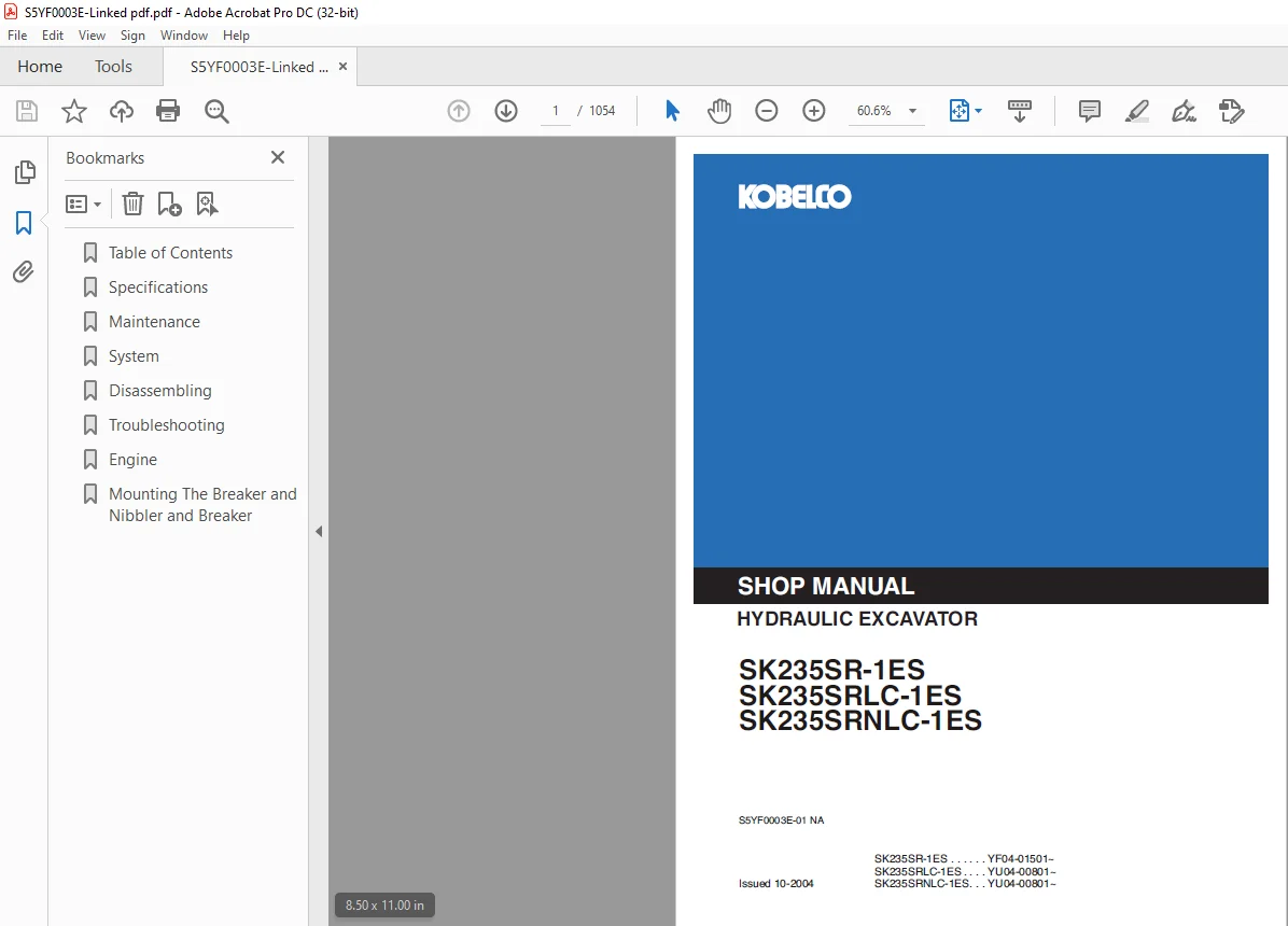 Kobelco SK235SR-1ES SK235SRLC-1ES SK235SRNLC-1ES Hydraulic Excavator Shop Manual - Image 2