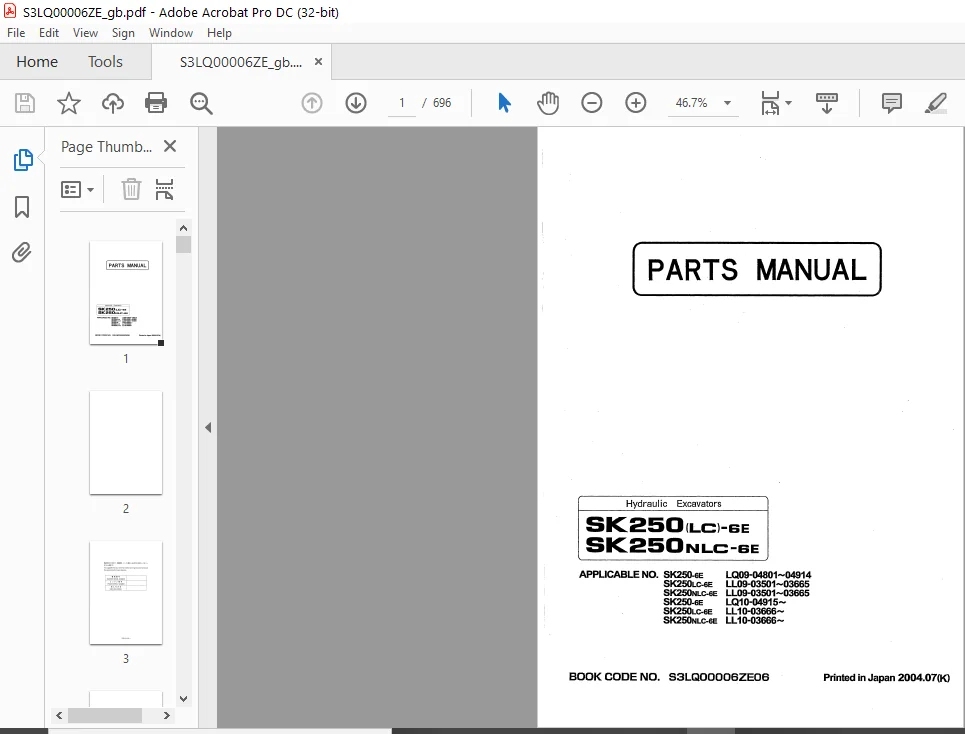 Kobelco SK250LC-6E SK250NLC-6E Hydraulic Excavators Parts Manual - PDF DOWNLOAD - Image 2
