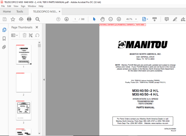 Manitou M30/40/50-2 H/L M30/40/50-4 H/L Parts Manual - PDF DOWNLOAD ...