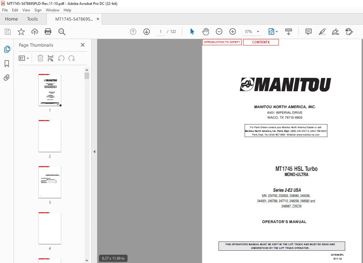 Manitou MT1745 HSL Turbo Mono-Ultra Series 2-E2 USA Operator's Manual - PDF DOWNLOAD - Image 2