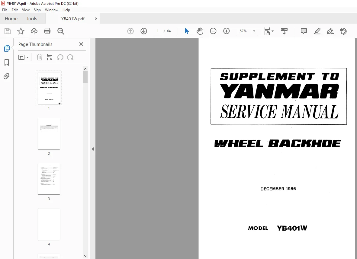 Yanmar YB401W Wheel Backhoe Supplement Service Manual - Image 2