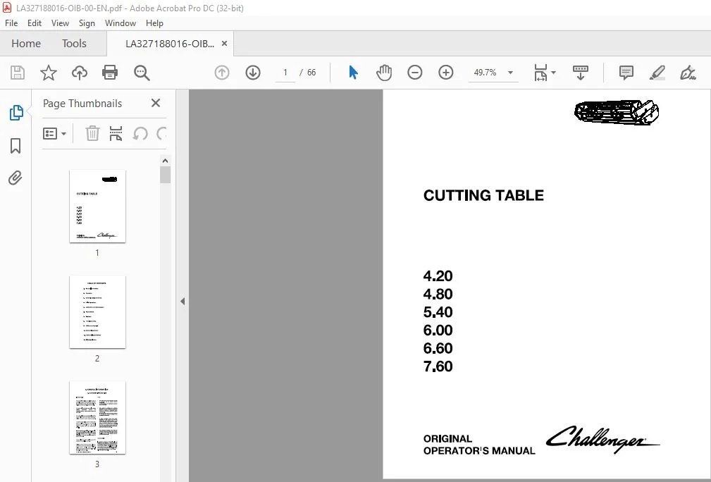 Challenger 4.20 4.80 5.40 6.00 6.60 7.60 Cutting Table Original Operator's Manual - Image 4