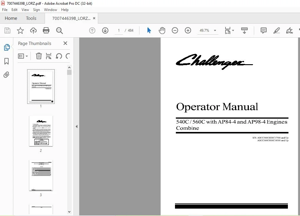 Challenger 540C 560C with AP84-4 & AP98-4 Engines Combine Operator Manual 700744639B - Image 3