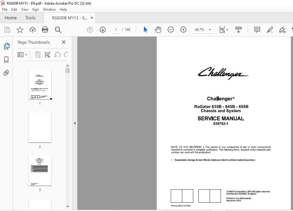 challenger EU Applicators 635B 645B 655B RoGator Chassis & System Service Manual 639782-1 - Image 4