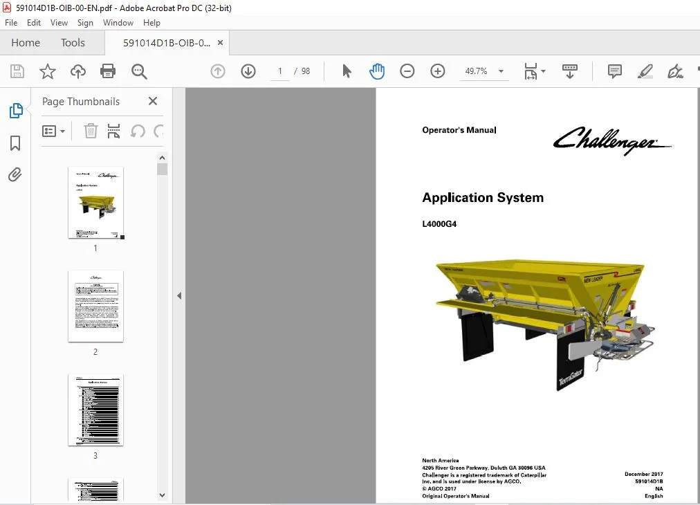 Challenger EU Applicators L4000G4 New Leader Application System Operatorโs Manual 591014D1B - Image 2