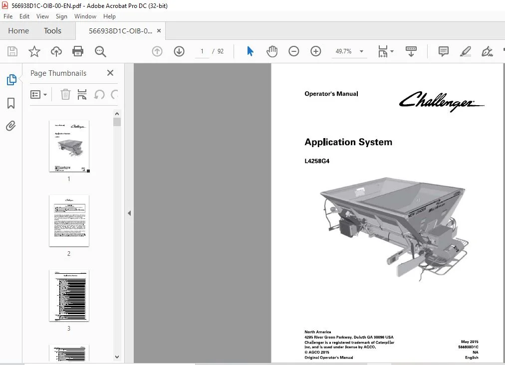 Challenger EU Applicators L4258G4 New Leader Application System Operatorโs Manual 566938D1C - Image 2