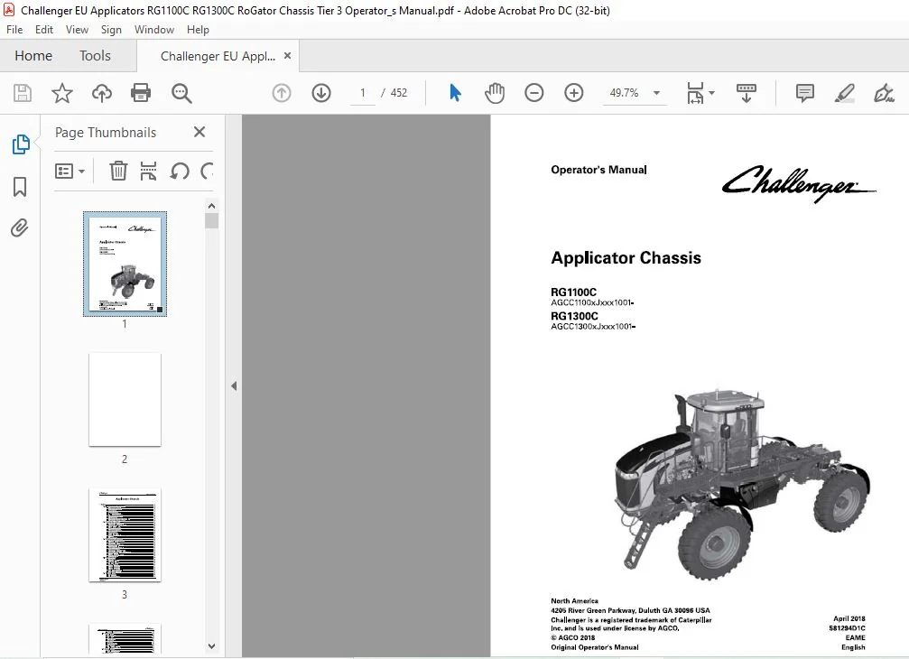 Challenger EU Applicators RG1100C RG1300C RoGator Chassis Tier 3 Operator's Manual - Image 2
