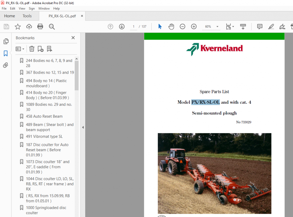 Kverneland PX RX-SL-OL Semi Mounted Plough Spare Parts Manual - PDF ...