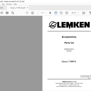 LEMKEN Quarz 7/400 K Parts list Manual  - PDF DOWNLOAD