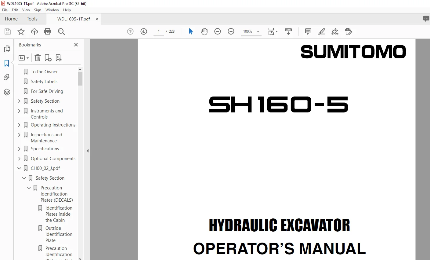 Sumitomo SH160-5 Hydraulic Excavator Operator's Manual WDL1605-1T - PDF DOWNLOAD - Image 2