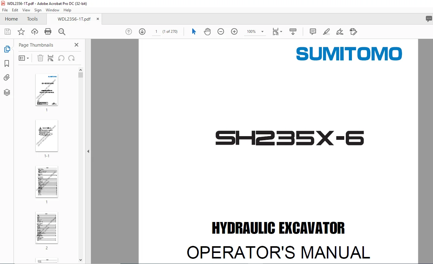 Sumitomo SH235X-6 Hydraulic Excavator Operator's Manual WDL2356-1T - PDF DOWNLOAD - Image 2