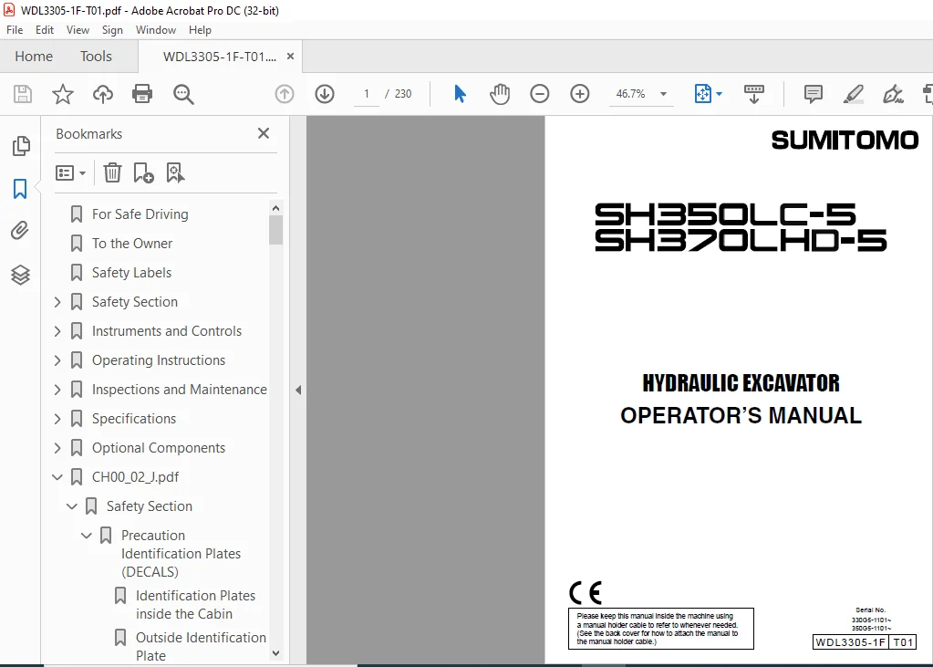 Sumitomo SH350LC-5 SH370LHD-5 Hydraulic Excavator Operator's Manual WDL3305-1F-T01 - PDF DOWNLOAD - Image 2