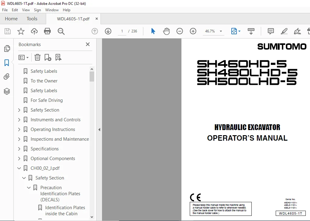 Sumitomo SH460LHD-5 SH480LHD-5 SH500LHD-5 Excavator Operator's Manual WDL4605-1T - Image 4