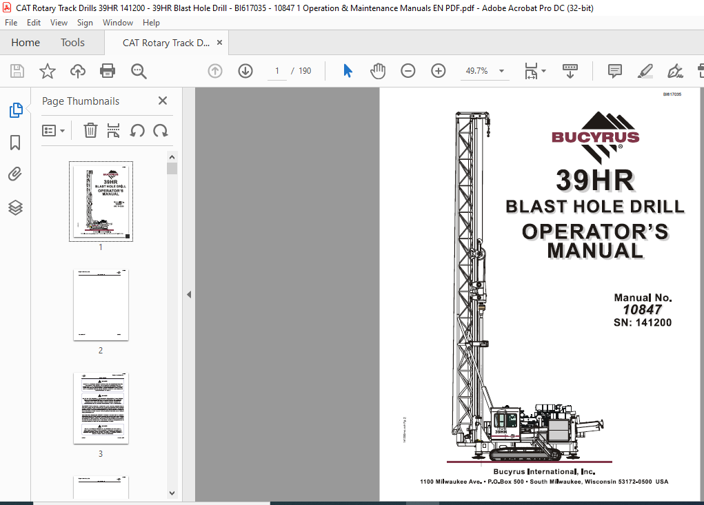 Bucyrus 39HR Blast Hole Drill Operator's Manual - CAT Rotary Track ...