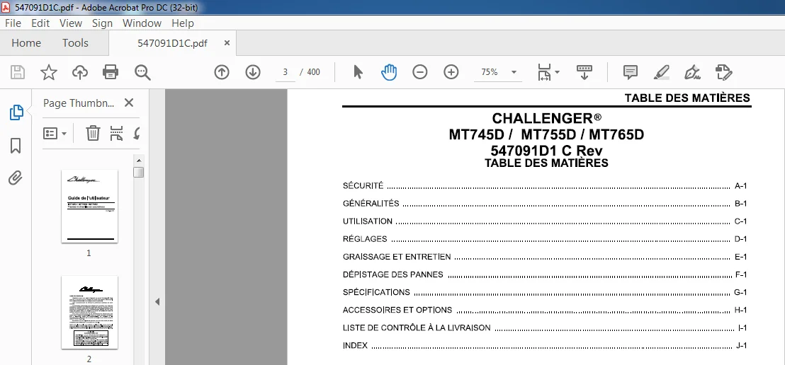 Challenger MT745D MT755D MT765D Tracteur a chenilles en caoutchouc Guide de l'utilisateur - (French) - Image 2