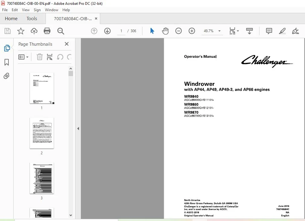 Challenger Windrower (AP44 AP49 AP49-3 & AP66 engines) WR9840 WR9860 WR9870 Operator's Manual - Image 3