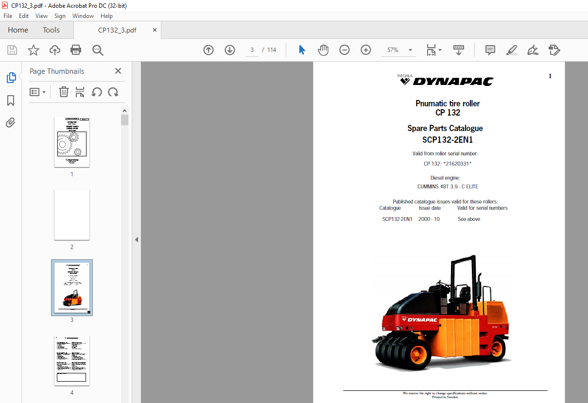 CP 132 Dynapac Parts Book Manual Catalog Pneumatic Tire Roller with Cummins  4BT