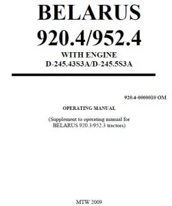 Belarus MTZ 920.4 952.4 with Engine D-245.43S3A D-245.5S3A Operating Manual - PDF DOWNLOAD
