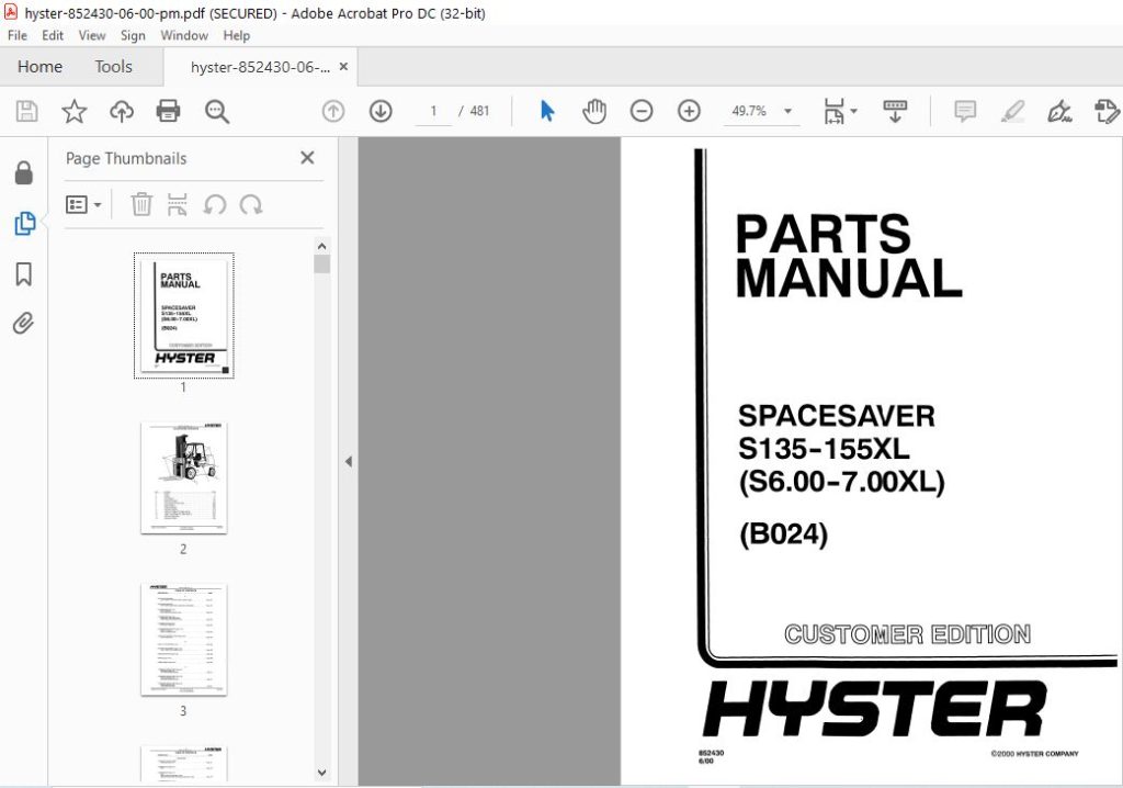 Hyster S135-155XL (S6.00-7.00XL) (B024) SpaceSaver Parts Manual - PDF ...