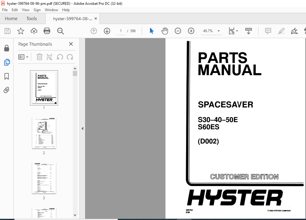 Hyster Spacesaver S30-40-50E S60ES (D002) Parts Manual - PDF