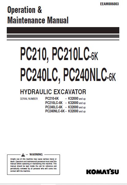 Komatsu PC210 PC210LC-6K PC240 PC240NLC-6K Hydraulic Excavator ...