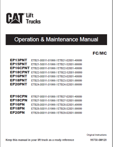 Caterpillar EP16CPNT Lift Trucks Service, Operation & Maintenance ...