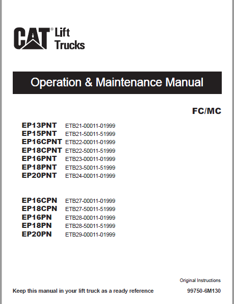 Caterpillar EP18PNT Lift Trucks Service, Operation & Maintenance ...