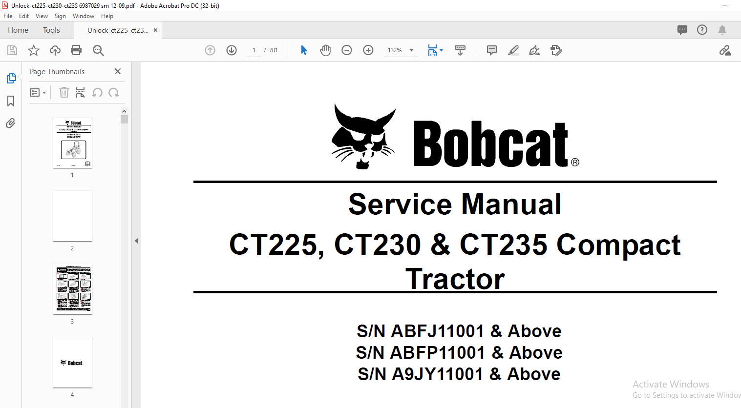 Bobcat CT225 CT230 & CT235 Compact Tractor Service Manual - PDF