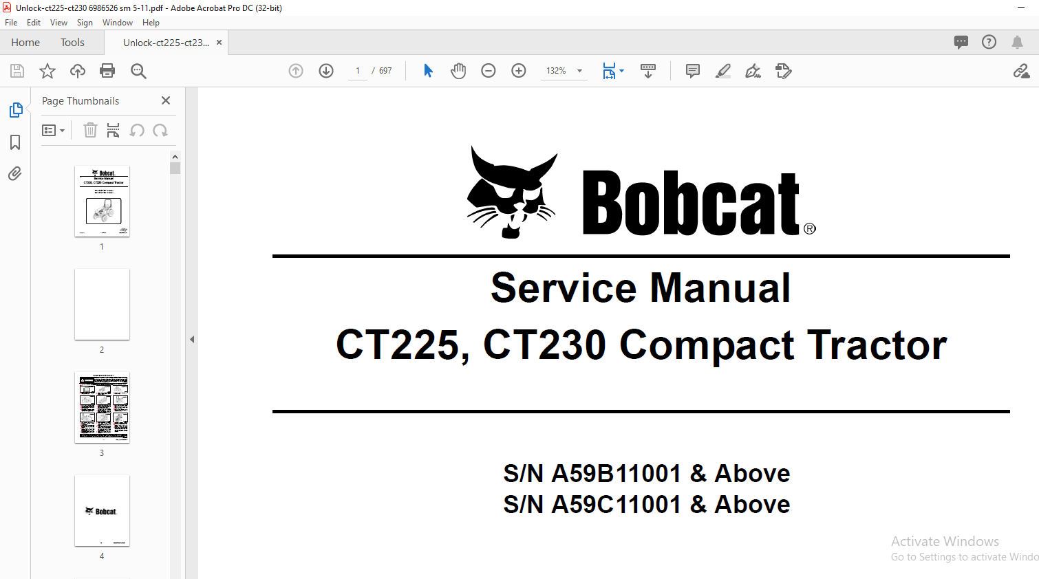 Bobcat CT225, CT230 Compact Tractor Service Manual - PDF DOWNLOAD