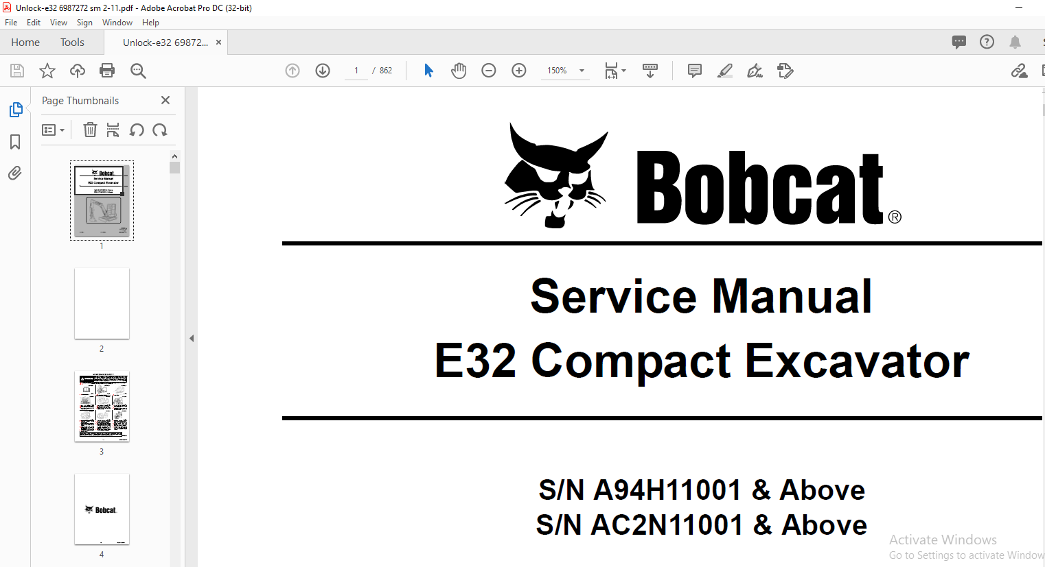 Bobcat E32 Compact Excavator Service Manual - PDF DOWNLOAD