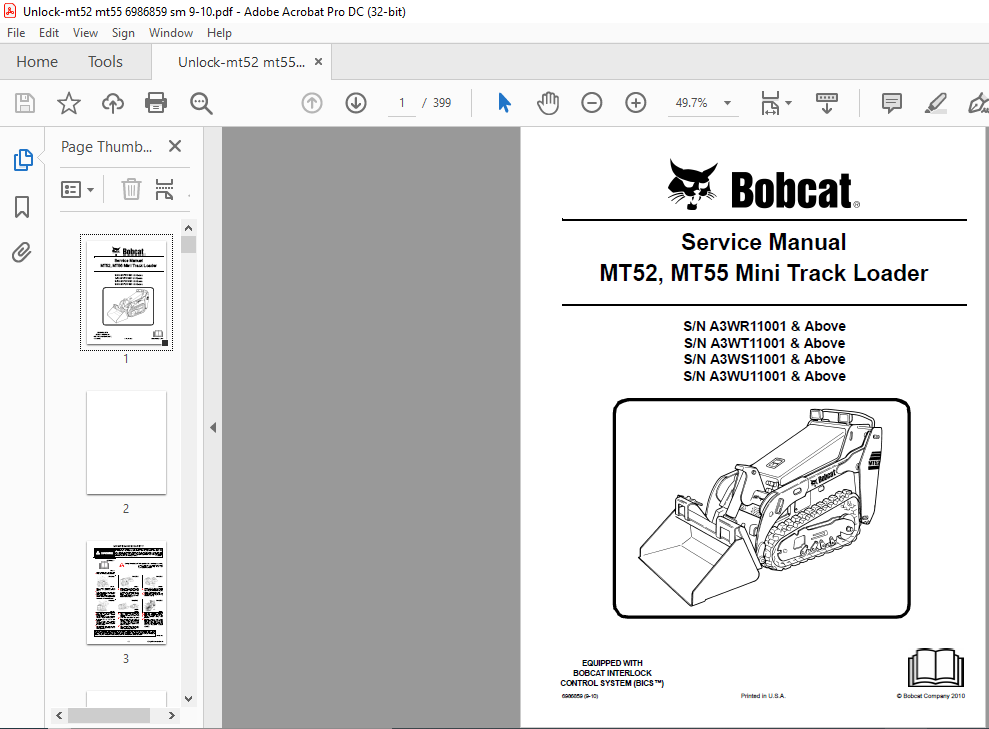 Bobcat MT52 MT55 Mini Track Loader Service Manual - PDF DOWNLOAD