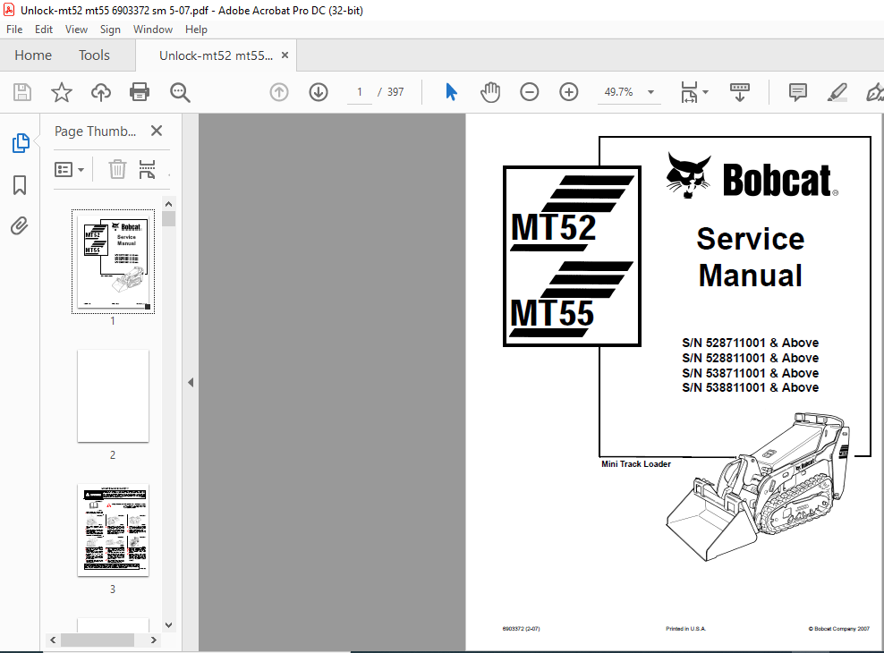 Bobcat MT52 MT55 Mini Track Loader Service Manual 6903372 - PDF