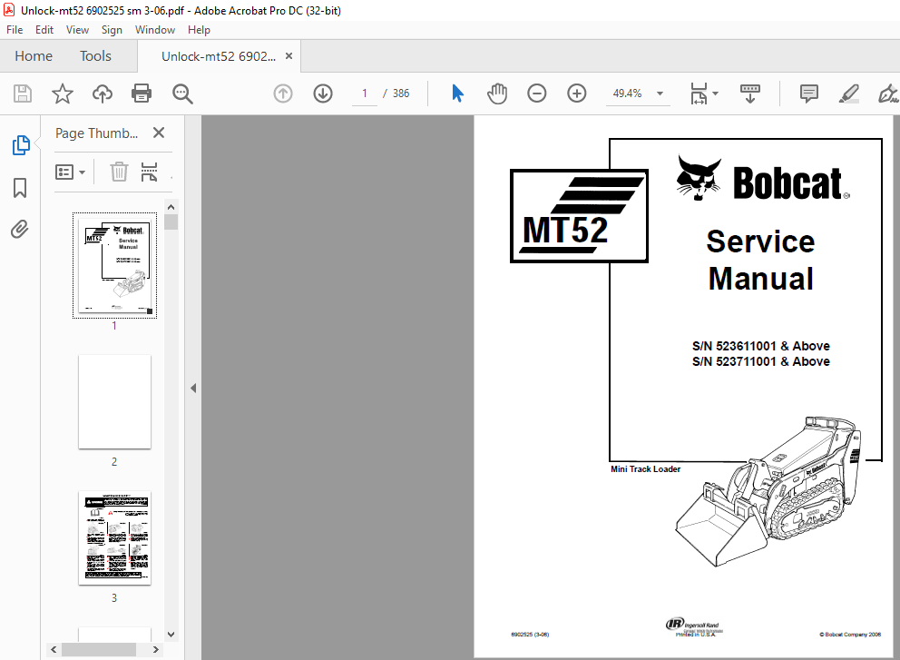 Bobcat MT52 Mini Track Loader Service Manual - PDF DOWNLOAD