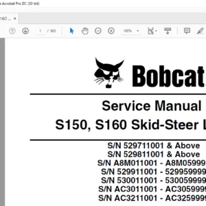 Bobcat S150 S160 Skid-Steer Loader Service Manual 6904126 (7-09) - PDF DOWNLOAD