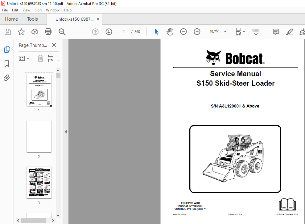 Bobcat S150 Skid-Steer Loader Service Manual 6987033 (11-10) - PDF