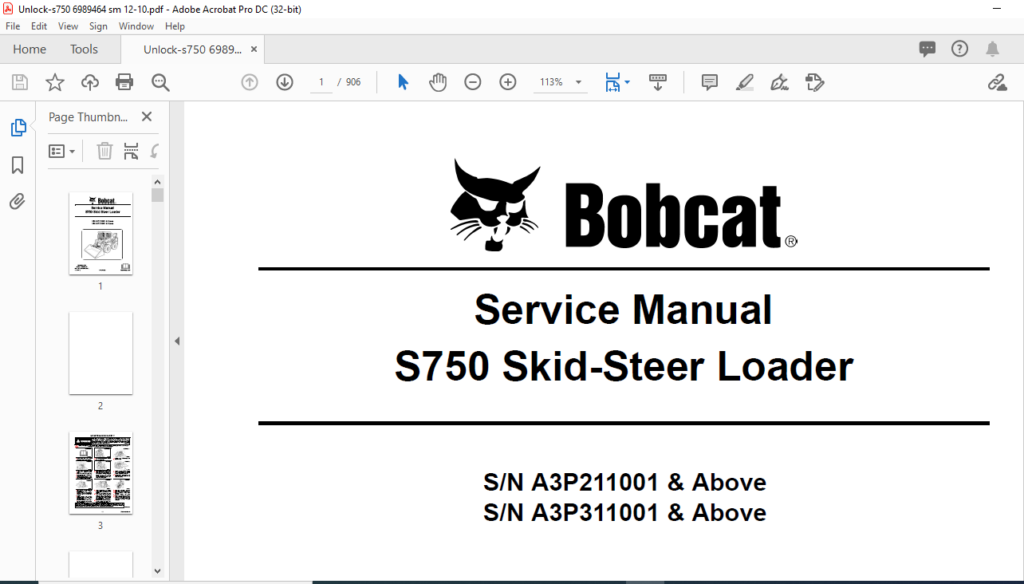 Bobcat S750 Skid-Steer Loader Service Manual 6989464 (12-10) - PDF