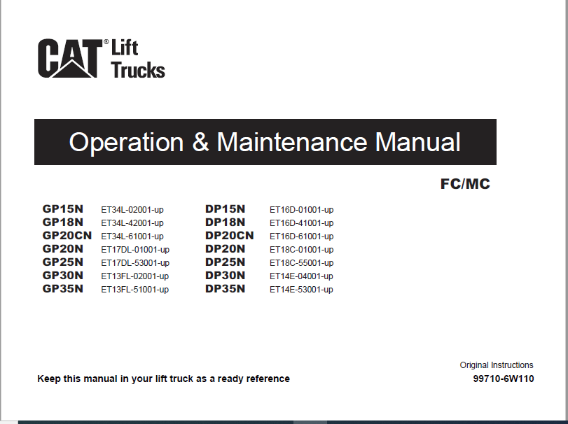 Caterpillar GP18N Lift Trucks Operation & Maintenance Manuals + Service ...