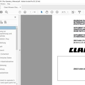 Claas DISCO 8550 AS PLUS Operator's Manual & Spare Parts List Manual - PDF DOWNLOAD