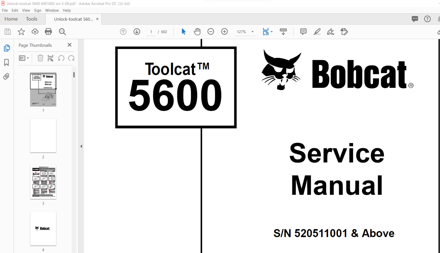 Bobcat 5600 Toolcat™ Service Manual 6901892 (5-09) - PDF DOWNLOAD