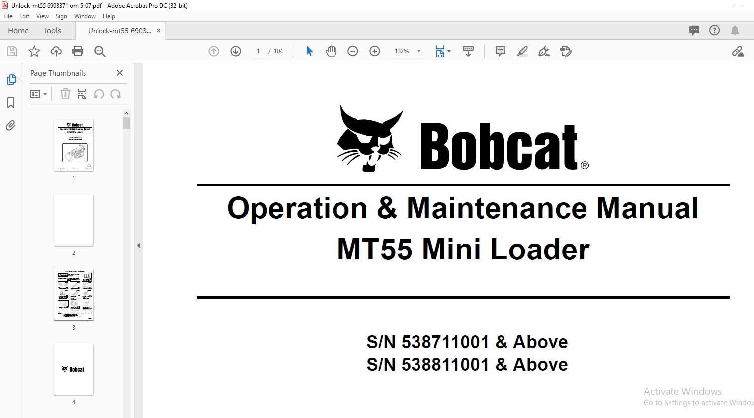 Bobcat MT55 Mini Loader Operation And Maintenance Manual - PDF DOWNLOAD