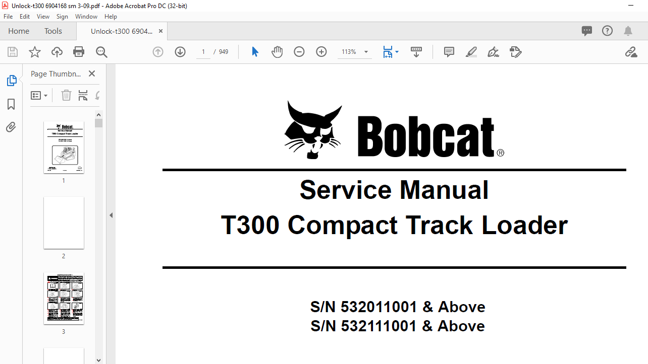 Bobcat T300 PN# 6904168 Compact Track Loader Service Manual #6215 