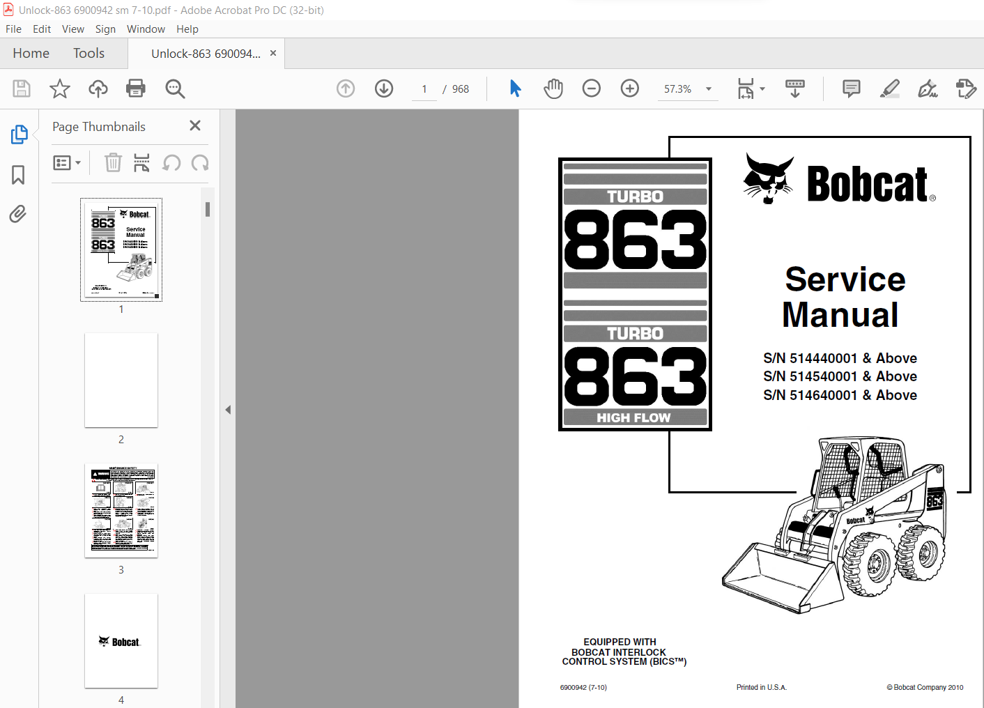 Bobcat Turbo 863 Turbo 863 High Flow Service Manual 6900942 (7-10