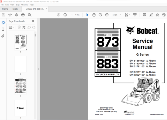 Bobcat Turbo 873 Turbo 883 Includes High Flow G Series Service Manual