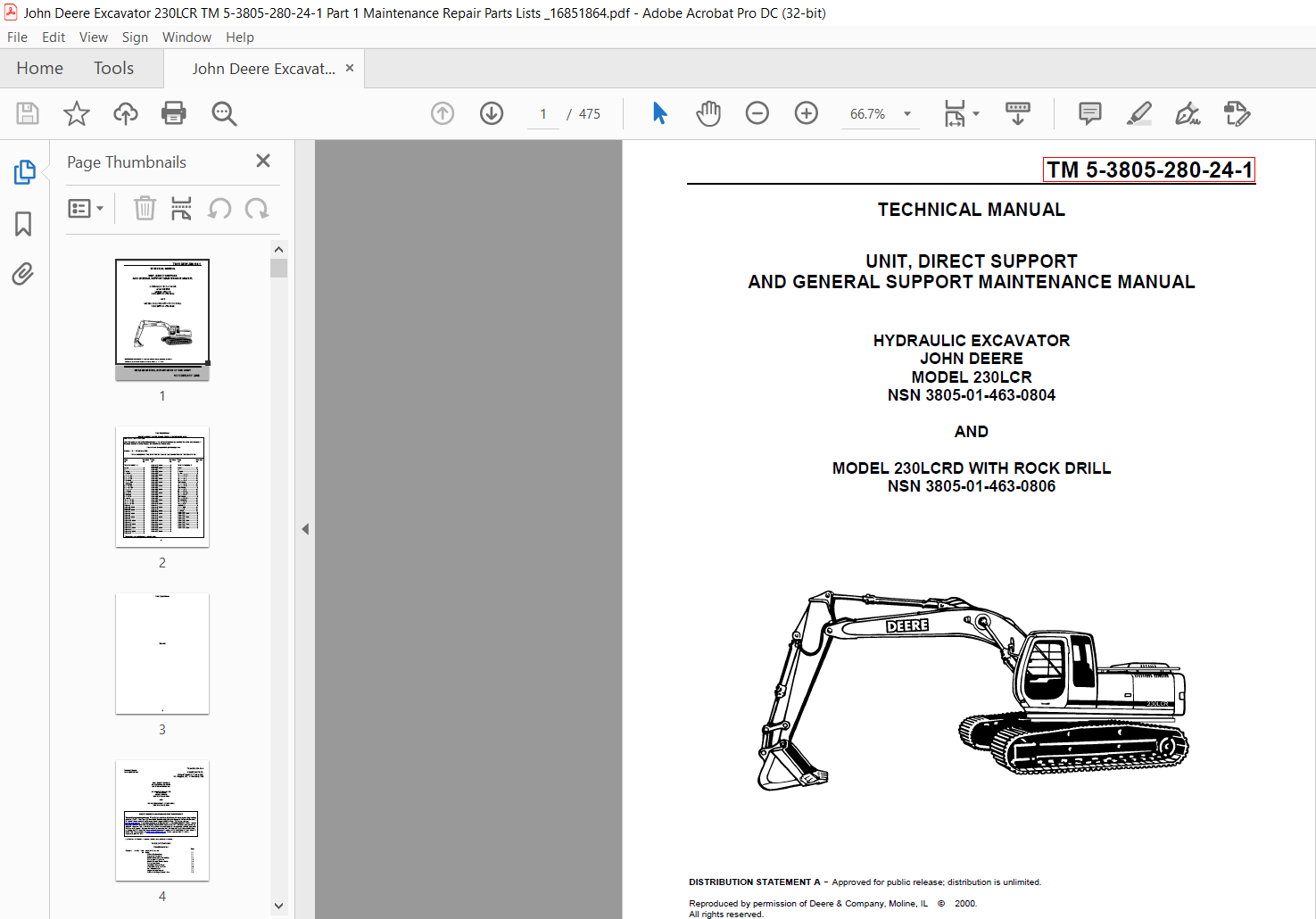 John Deere Hydraulic Excavator 230LCR & 230LCRD Unit, Direct Support ...