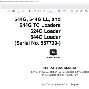 John Deere Loader 544G 544GLL and 544GTC Loaders 624G 644G Operators Manual - PDF DOWNLOAD