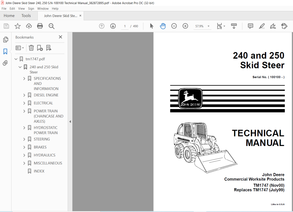 John Deere Skid Steer 240 250 Technical Manual - PDF DOWNLOAD